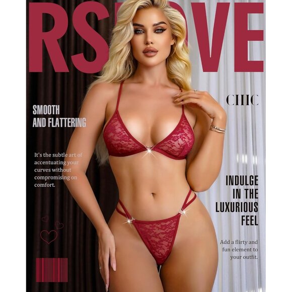 Women's Wine Red 2 Piece Bra And Panty Set Heart Ring Bralettes Underwear - Picture 2 of 5